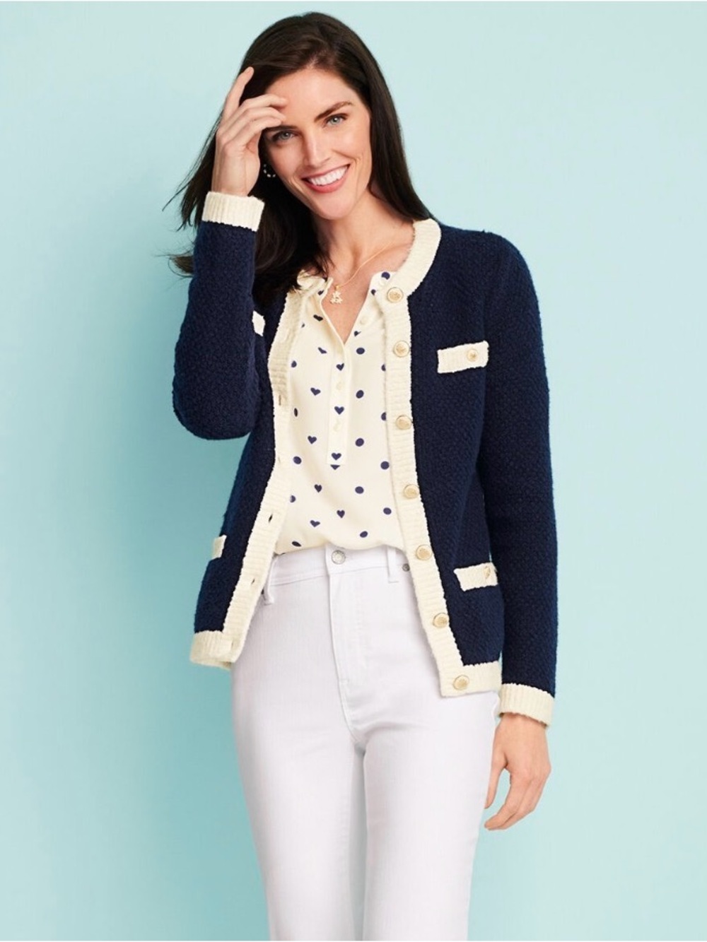 Talbots Navy Cardigan with Cream Trim